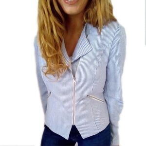 NWT seersucker Kate Rosy Blazer Moto Blue white striped Size Small